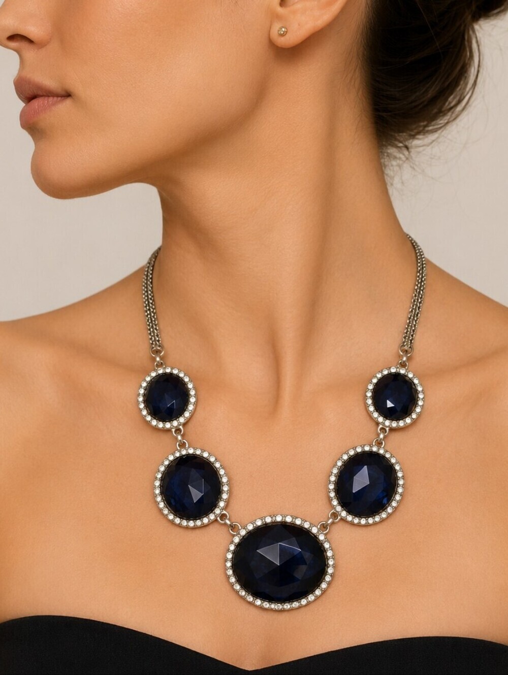 VTG Navy Blue Rhinestone Rimmed Circle Bib Holiday Chain Necklace